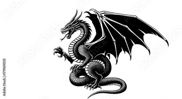 Obraz Majestic wyvern in monochrome bold illustration detailed scaled texture dynamic mythical guardian