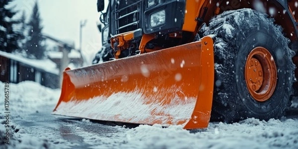 Obraz Orange snowplow clearing street in winter