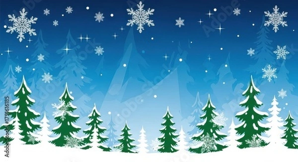 Obraz Stylized winter landscape with snow-covered evergreen trees and falling snowflakes against a