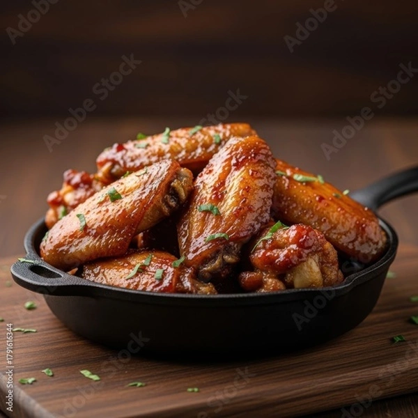 Obraz Succulent chicken wings glazed in savory sauce displayed in rustic cast iron skillet