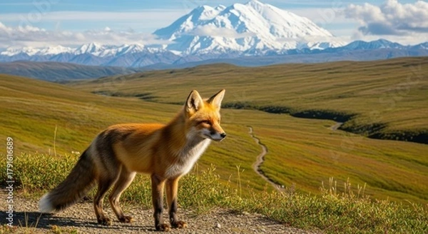 Obraz The watchful gaze of a red fox in a vast tundra landscape with distant snow peaks