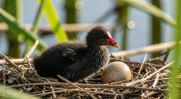 Obraz A poignant glimpse into nature's sanctuary: A young moorhen chick nestled beside an untouched egg