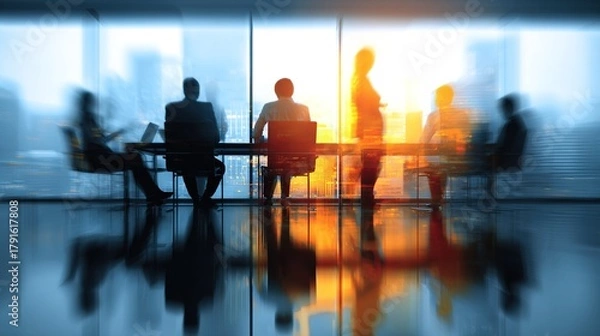 Fototapeta An office meeting room with businesspeople in blurred style background.AI generated image. High quality