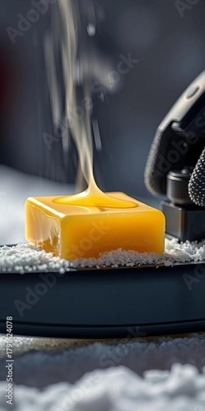 Fototapeta Close up of ski wax bar melting onto hot iron for ski base application, ski wax,  ski base