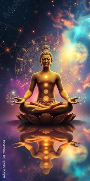 Fototapeta Cosmic yogi in lotus, stardust body, constellations forming sacred geometry, nebulae hues, celestial art, digital creation,  form,  art