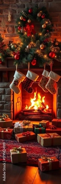 Fototapeta Cozy fireplace with stockings hung and gifts piled under a decorated tree,  home,  fire