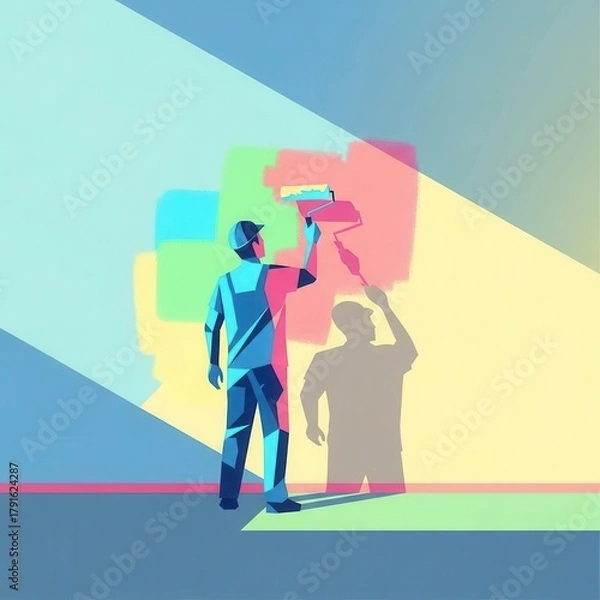 Fototapeta Stylized depiction shows maintenance worker applying vibrant paint colors to a wall surface