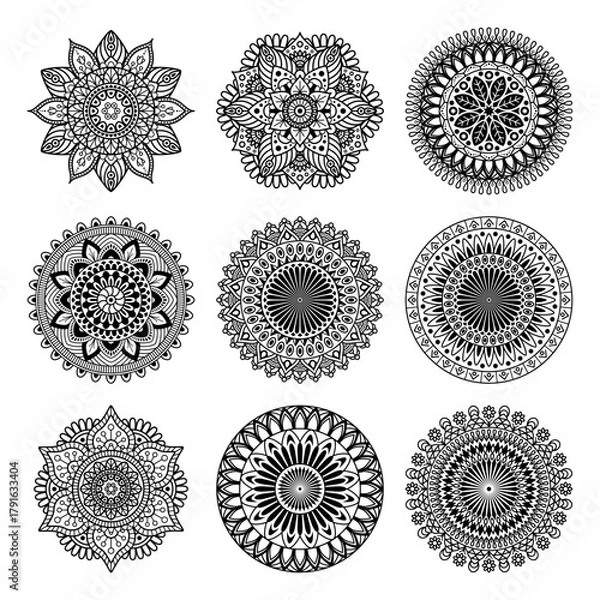 Fototapeta Set of mandala shape on white background, vector illustration