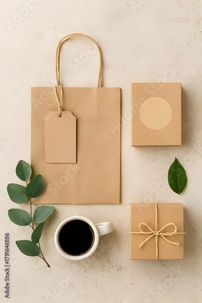 Fototapeta Minimalist Branding Mockup Featuring Coffee Cup, Gift Boxes and Green Leaves on a Neutral Background for Creative Presentation