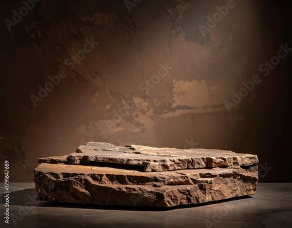 Fototapeta Rustic stone podium before a textured brown backdrop