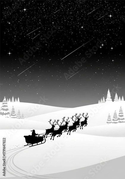 Obraz Silhouette of Santa Claus riding his sleigh with a team of reindeer.