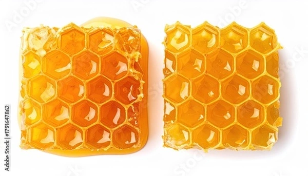 Fototapeta Two golden honeycomb pieces, one dripping with honey