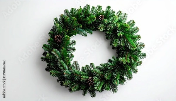 Obraz Green fir wreath with three pinecones, against a white wall