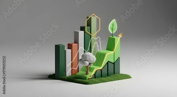 Fototapeta 3D graph showing business growth and a rising trend line culminating in a glowing green leaf, symbolizing sustainable investment (ESG), environmental success, and eco-friendly finance.