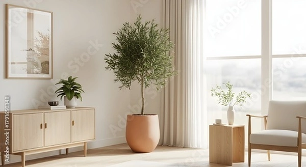 Obraz Bright, minimalist interior design scene featuring a large potted tree and small plant, light wooden furniture, and a window with sheer curtains. Promotes biophilic design, wellness.