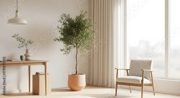 Fototapeta Clean, minimalist interior featuring a large potted tree, a stylish modern armchair, and light wooden furniture by a sunlit window with flowing curtains. Visualizes biophilic design.