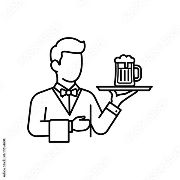 Fototapeta Waiter Serving Beer Line Art – Vector Illustration of Restaurant Service with Drink on Tray