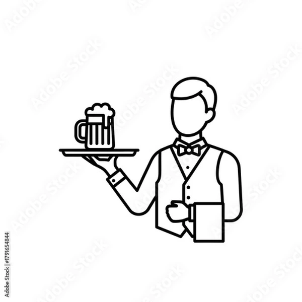Fototapeta Waiter Serving Beer Line Art – Vector Illustration of Restaurant Service with Drink on Tray