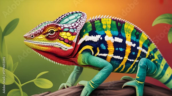Fototapeta Vibrant chameleon illustration showcasing its incredible colorful skin patterns on a jungle tree branch