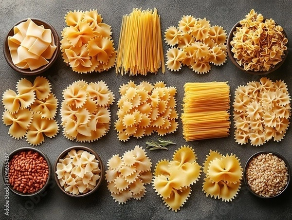 Obraz Assorted Pasta on Dark Background, Creative Italian Dining Display