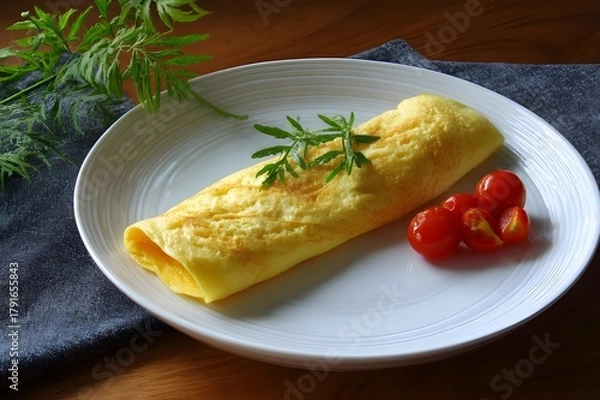 Obraz French Style Thin Omelet Rolled on Elegant Serving Platter for Gourmet Breakfast Brunch Food Photography