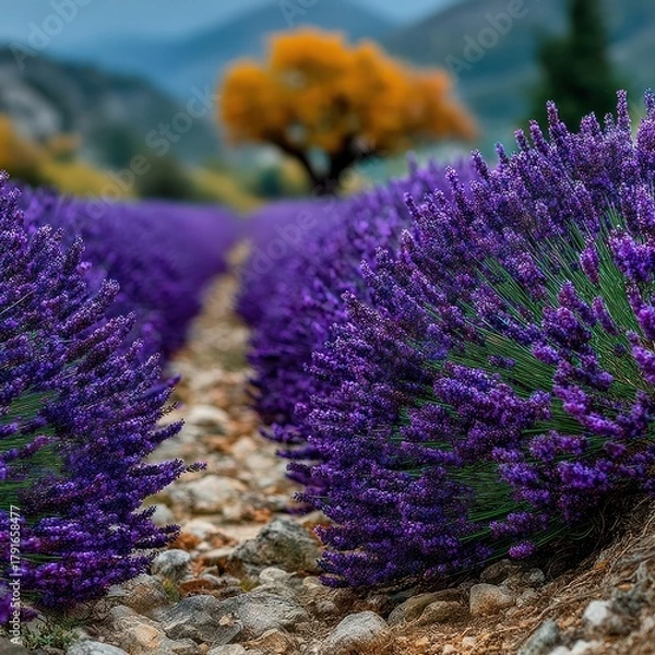 Fototapeta A lavender field with focus on the foreground blooms. Trees & mountains