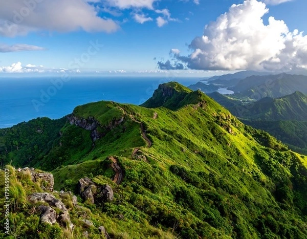 Obraz Lush green mountain range meets turquoise ocean