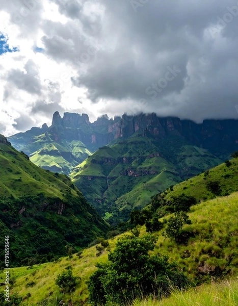 Obraz Lush green mountains under a dramatic sky