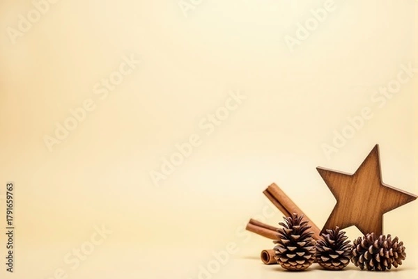 Fototapeta Festive Christmas background with generous copyspace and holiday decorative elements
