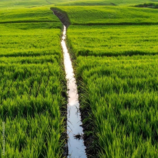 Fototapeta Lush green paddy fields with irrigation channel