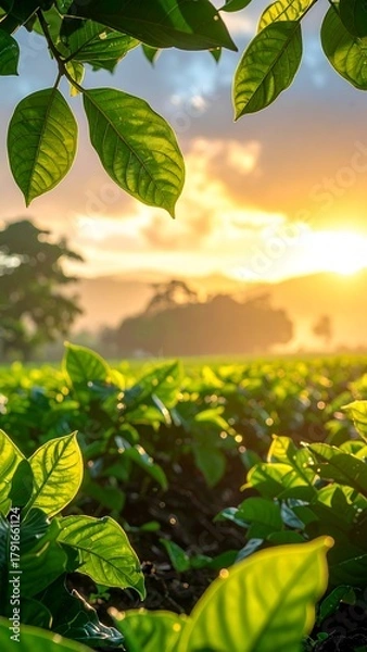 Obraz Lush green leaves frame a sunlit field, with a vibrant sunset peeking through, creating a warm, golden atmosphere