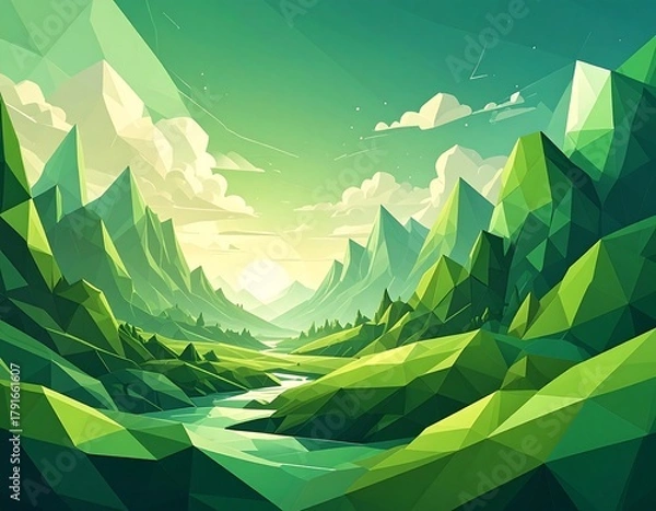 Obraz Lush green polygonal landscape with a winding river