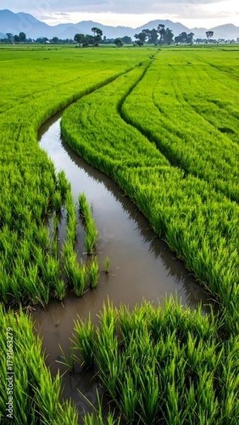 Obraz Lush green rice paddy field with a winding canal