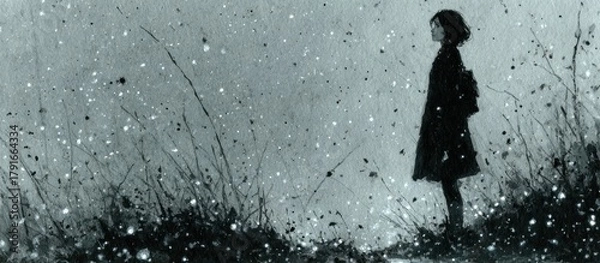 Obraz A solitary figure stands in a snowy landscape, contemplating