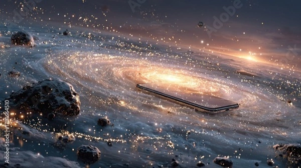 Obraz Celestial phone floating in a spiral galaxy amid cosmic debris
