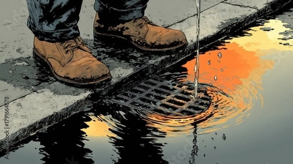 Obraz Feet beside a puddle as water flows into a drain