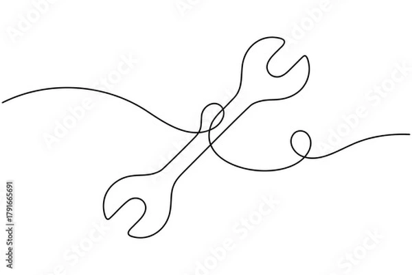 Obraz Wrench icon continuous one line drawing on white background minimalist hand tool outline vector illustration