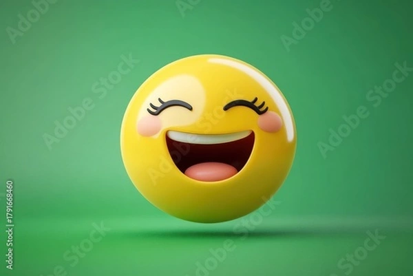 Fototapeta A vibrant yellow emoji with a wide smile and closed eyes, set against a green background.
