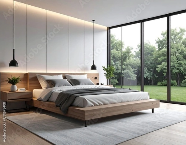 Obraz Modern bedroom with large windows overlooking a lush garden