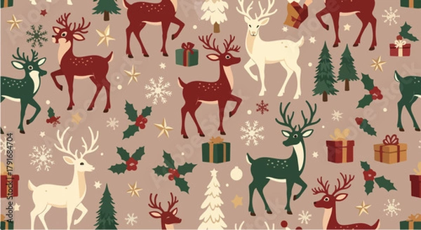 Fototapeta Festive Christmas pattern featuring reindeer in various colors, snowflakes, Christmas trees, holly, and gift boxes on a beige background.