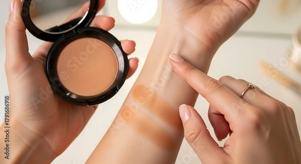 Fototapeta Woman testing makeup foundation shades on her arm with compact powder in hand for beauty product review