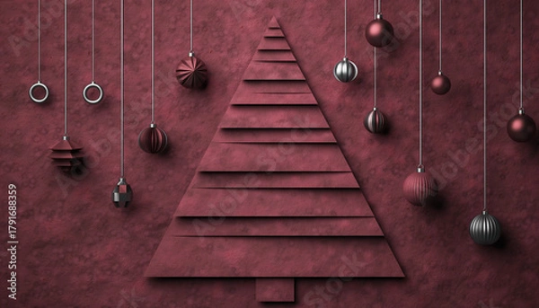 Fototapeta A modern burgundy Christmas paper tree with hanging ornaments