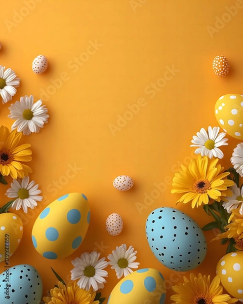 Fototapeta Colorful Easter eggs and flowers arranged on a bright yellow background. Festive Easter scene with yellow and blue eggs surrounded by flowers