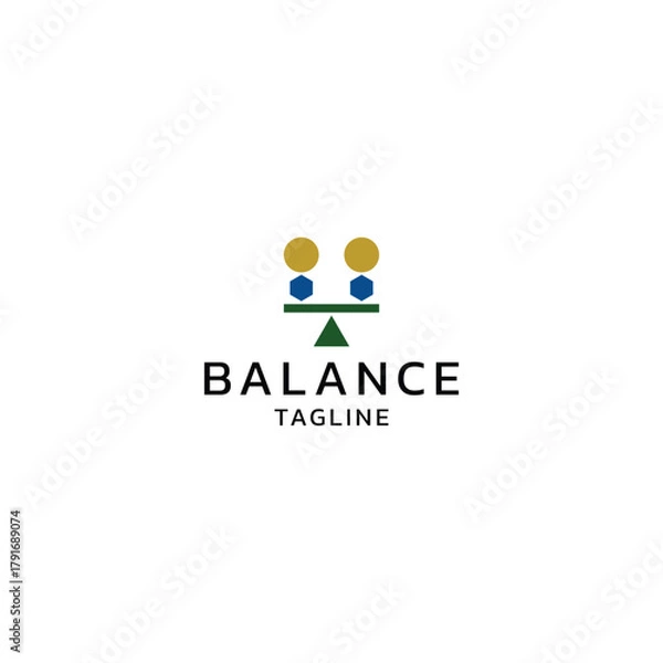 Fototapeta Abstract geometric logo icon representing balance and stability, featuring a dark blue bar resting symmetrically on a green triangle fulcrum