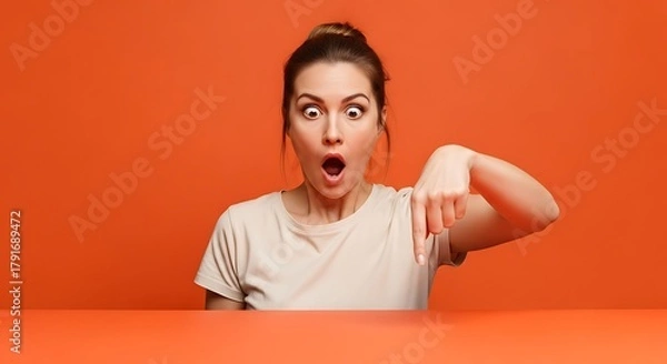 Fototapeta Shocked woman pointing down with an open mouth against a vibrant orange background in studio shot