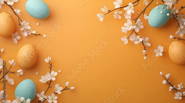 Fototapeta Easter eggs with flowers arranged on vibrant orange background. Colorful Easter eggs with floral branches on bright orange surface