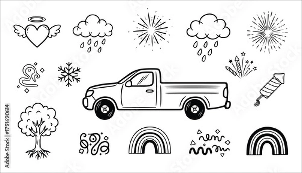 Fototapeta Line art illustration featuring a pickup truck surrounded by various elements like clouds, rain, fireworks, a heart with wings, a snowflake, a tree, and rainbows.