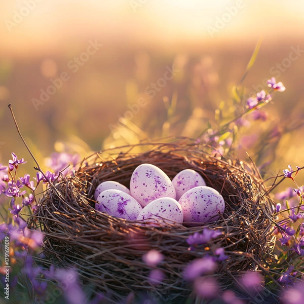 Fototapeta Easter eggs in a bird's nest surrounded by spring flowers. Celebrate Easter with speckled eggs nestled in a springtime nest