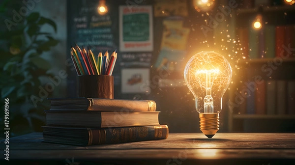 Fototapeta Glowing light bulb beside books and colored pencils in study space. Creative lighting setup with a glowing light bulb, books, and colorful pencils