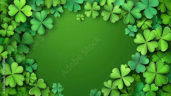 Fototapeta Shamrock Celebration with vibrant green background and clover leaves. Festive shamrock decorations perfect for St. Patrick's Day celebrations